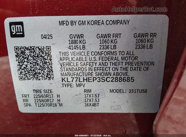 KL77LHEP3SC288685 2025 CHEVROLET TRAX Red Widok komory silnika