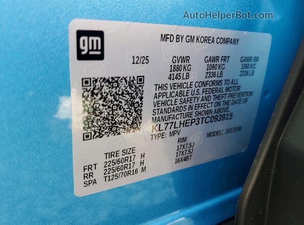 KL77LHEP3TC093915 2026 CHEVROLET TRAX Blue VIN կոդի պիտակի տեսք