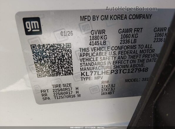 KL77LHEP3TC127948 2026 CHEVROLET TRAX White ძრავის განყოფილების ხედი