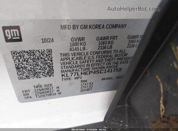 KL77LHEP4SC141758 2025 CHEVROLET TRAX White Widok komory silnika