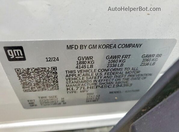 KL77LHEP4SC194363 2025 CHEVROLET TRAX White VIN կոդի պիտակի տեսք