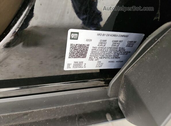 KL77LHEP4TC147934 2026 CHEVROLET TRAX Black Widok naklejki z numerem VIN