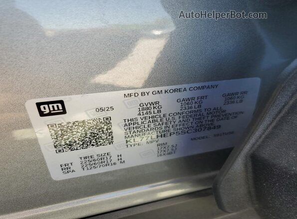 KL77LHEP5SC307849 2025 CHEVROLET TRAX Gray VIN sticker view