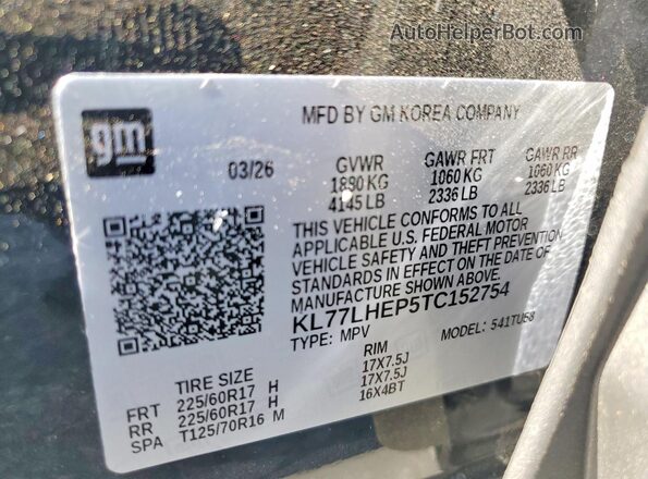 KL77LHEP5TC152754 2026 CHEVROLET TRAX Угольный Панорамный вид салона 360°