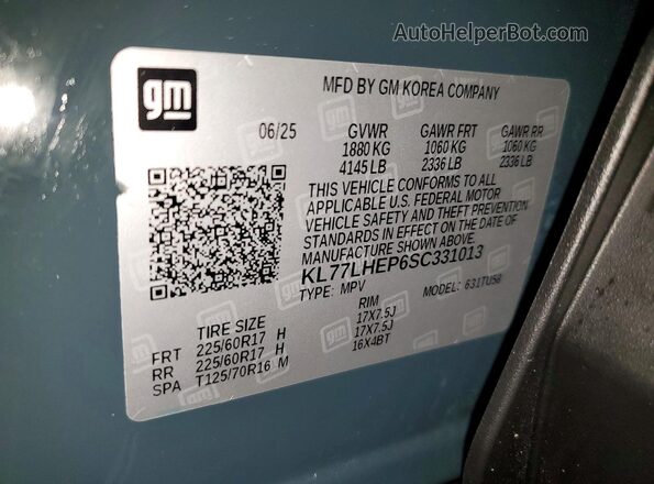 KL77LHEP6SC331013 2025 CHEVROLET TRAX Gray Vista de la etiqueta del VIN