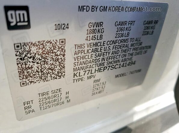 KL77LHEP7SC141494 2025 CHEVROLET TRAX White Vista de la etiqueta del VIN