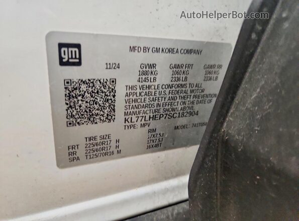 KL77LHEP7SC182904 2025 CHEVROLET TRAX White Vista de la etiqueta del VIN