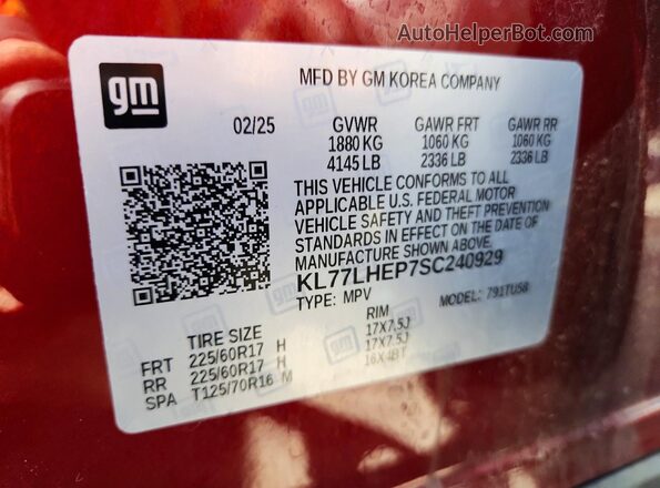 KL77LHEP7SC240929 2025 CHEVROLET TRAX Red Widok wnętrza 360 stopni