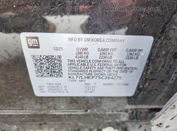 KL77LHEP7SC264275 2025 CHEVROLET TRAX Black Vista de la etiqueta del VIN