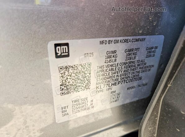 KL77LHEP7TC007036 2026 CHEVROLET TRAX Gray VIN კოდის სტიკერის ხედი