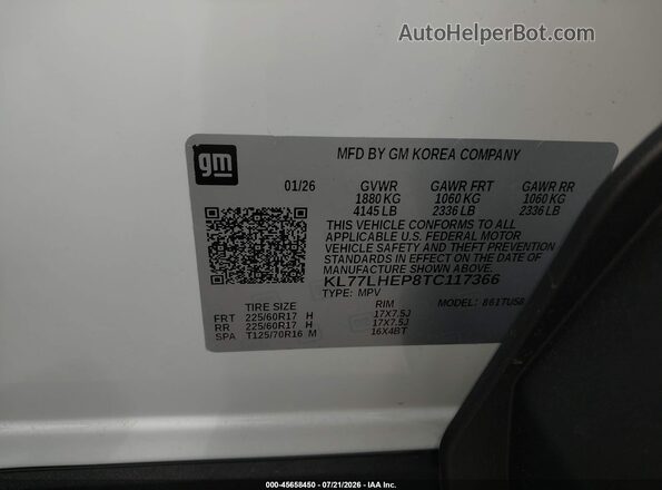 KL77LHEP8TC117366 2026 CHEVROLET TRAX White Widok komory silnika