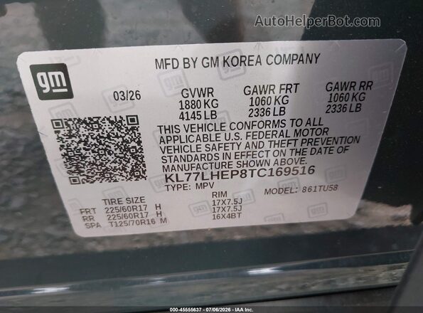 KL77LHEP8TC169516 2026 CHEVROLET TRAX Gray Вид підкапотного простору