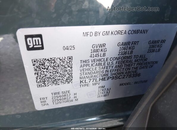 KL77LHEP9SC278386 2025 CHEVROLET TRAX Blue Widok komory silnika