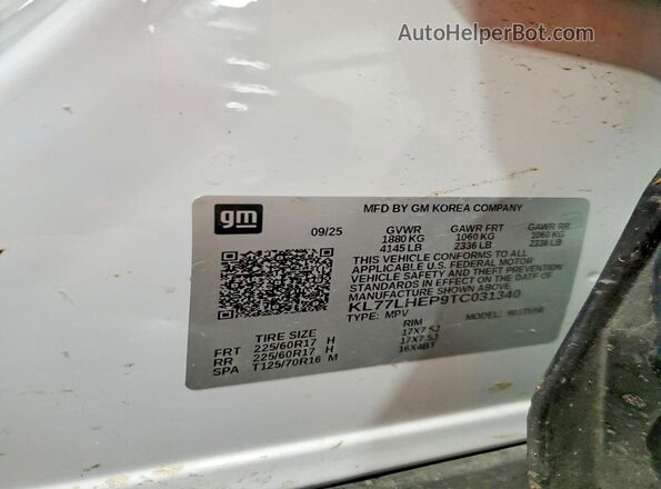 KL77LHEP9TC031340 2026 CHEVROLET TRAX White VIN კოდის სტიკერის ხედი