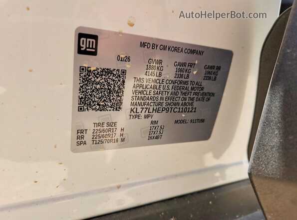 KL77LHEP9TC110121 2026 CHEVROLET TRAX White Вид наклейки з VIN-кодом