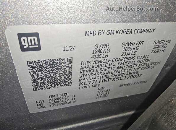 KL77LHEPXSC170097 2025 CHEVROLET TRAX Gray VIN կոդի պիտակի տեսք