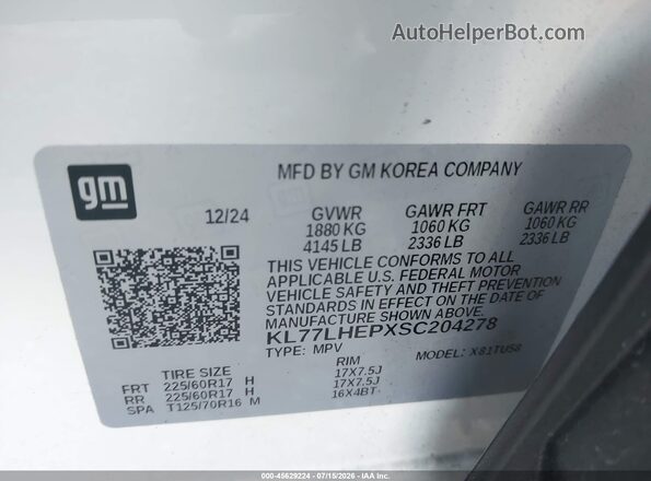KL77LHEPXSC204278 2025 CHEVROLET TRAX White Widok komory silnika