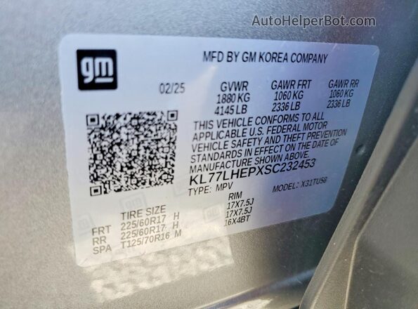 KL77LHEPXSC232453 2025 CHEVROLET TRAX Silver Vista interior de 360 grados