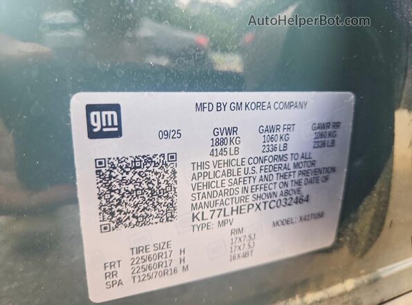 KL77LHEPXTC032464 2026 CHEVROLET TRAX Teal VIN კოდის სტიკერის ხედი