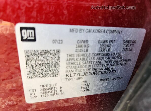 KL77LJE20RC087770 2024 CHEVROLET TRAX Maroon VIN sticker view
