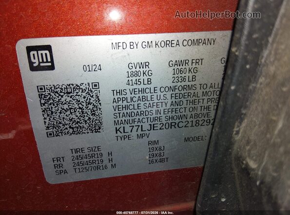 KL77LJE20RC218292 2024 CHEVROLET TRAX Orange Widok komory silnika