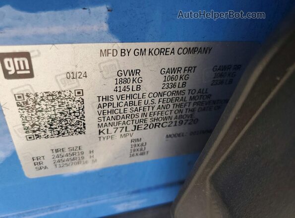 KL77LJE20RC219720 2024 CHEVROLET TRAX Синий Вид наклейки с VIN-кодом