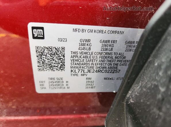 KL77LJE24RC022257 2024 CHEVROLET TRAX Maroon VIN კოდის სტიკერის ხედი