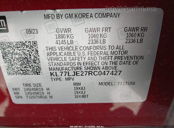 KL77LJE27RC047427 2024 CHEVROLET TRAX Red Widok komory silnika