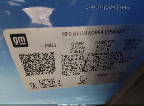 KL77LJE27RC103883 2024 CHEVROLET TRAX Blue ძრავის განყოფილების ხედი