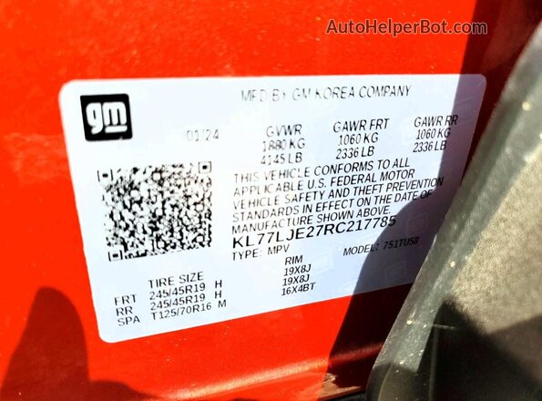 KL77LJE27RC217785 2024 CHEVROLET TRAX Orange Vista del compartimento del motor