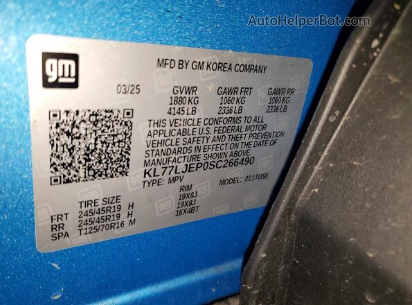 KL77LJEP0SC266490 2025 CHEVROLET TRAX Blue Widok naklejki z numerem VIN