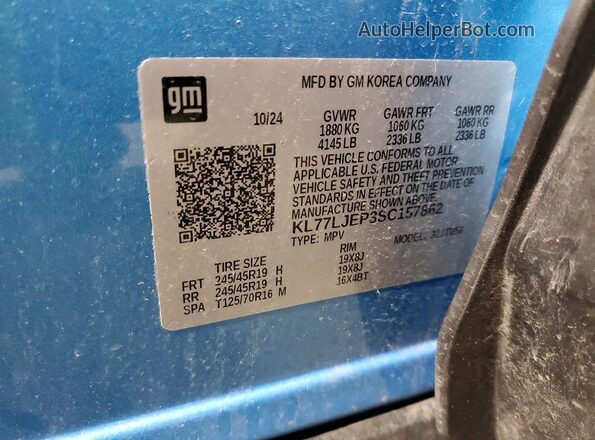 KL77LJEP3SC157862 2025 CHEVROLET TRAX Синий Вид наклейки с VIN-кодом