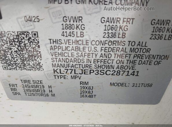 KL77LJEP3SC287141 2025 CHEVROLET TRAX White Widok komory silnika
