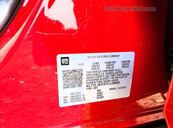 KL77LJEP3TC128900 2026 CHEVROLET TRAX Red Вид наклейки з VIN-кодом