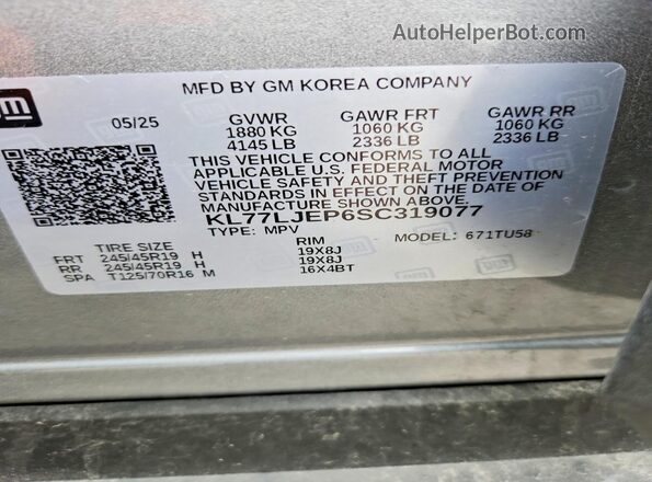 KL77LJEP6SC319077 2025 CHEVROLET TRAX Silver VIN sticker view