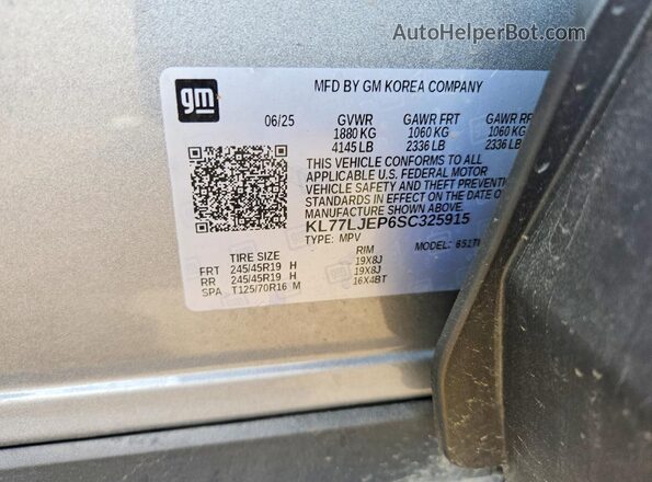 KL77LJEP6SC325915 2025 CHEVROLET TRAX Серебряный Вид наклейки с VIN-кодом