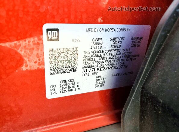 KL77LKE22RC023719 2024 CHEVROLET TRAX Orange Widok naklejki z numerem VIN