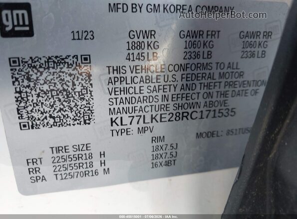 KL77LKE28RC171535 2024 CHEVROLET TRAX White Widok komory silnika