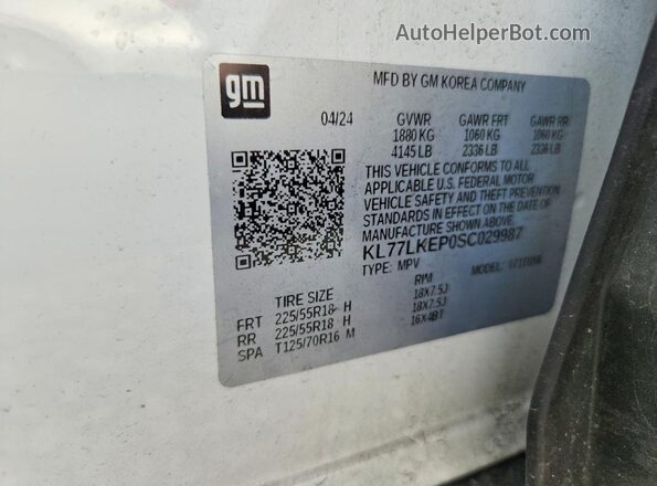 KL77LKEP0SC029987 2025 CHEVROLET TRAX White Вид наклейки з VIN-кодом