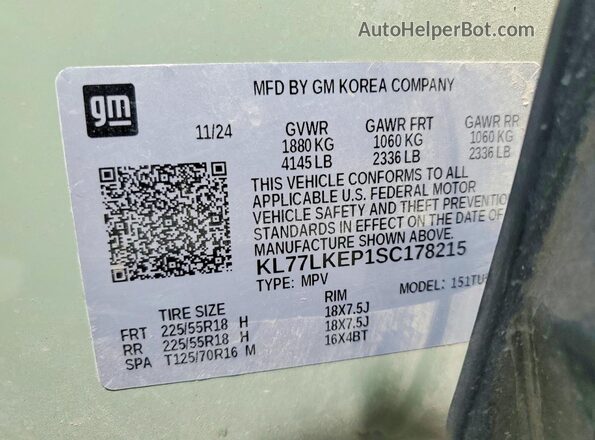 KL77LKEP1SC178215 2025 CHEVROLET TRAX Teal Vista interior de 360 grados