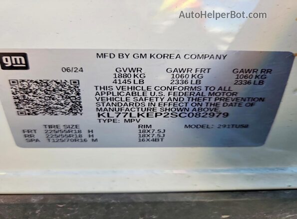 KL77LKEP2SC082979 2025 CHEVROLET TRAX White Вид наклейки з VIN-кодом