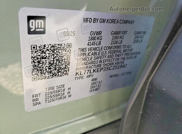 KL77LKEP3SC251942 2025 CHEVROLET TRAX Green Vista de la etiqueta del VIN