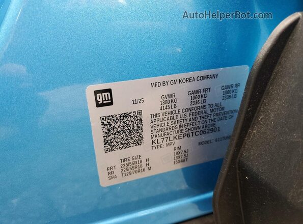 KL77LKEP6TC062901 2026 CHEVROLET TRAX Blue Vista de la etiqueta del VIN
