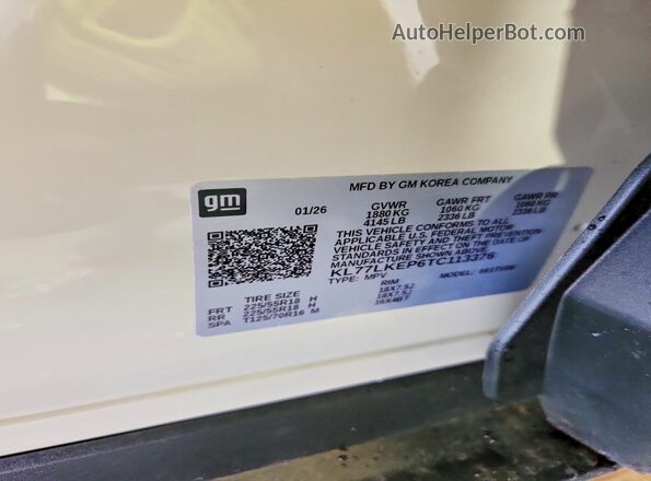 KL77LKEP6TC113376 2026 CHEVROLET TRAX Cream Вид наклейки з VIN-кодом