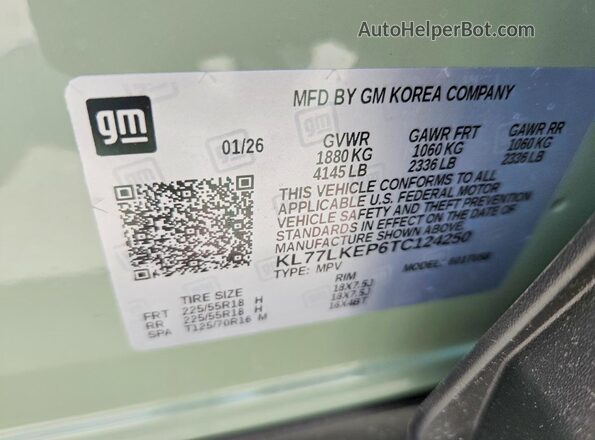 KL77LKEP6TC124250 2026 CHEVROLET TRAX Green VIN კოდის სტიკერის ხედი