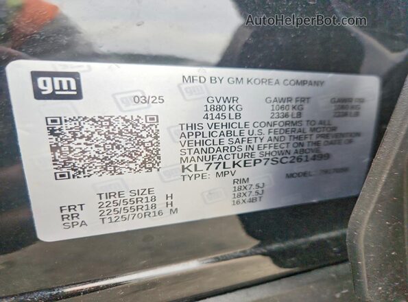 KL77LKEP7SC261499 2025 CHEVROLET TRAX Black VIN კოდის სტიკერის ხედი