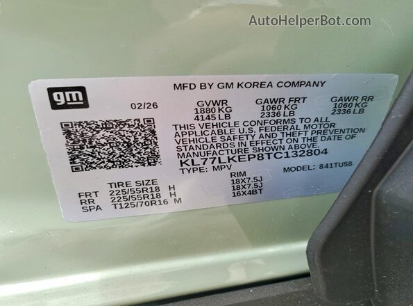 KL77LKEP8TC132804 2026 CHEVROLET TRAX Green Vista de la etiqueta del VIN