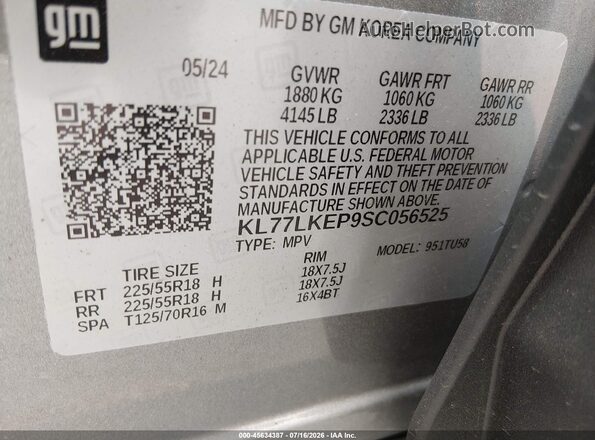 KL77LKEP9SC056525 2025 CHEVROLET TRAX Gray Vista del compartimento del motor