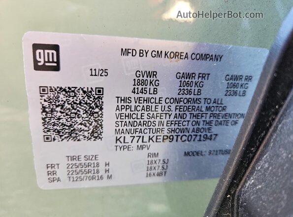 KL77LKEP9TC071947 2026 CHEVROLET TRAX Green VIN კოდის სტიკერის ხედი