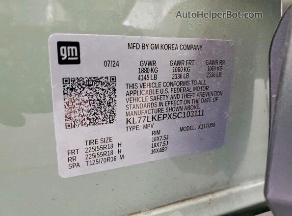 KL77LKEPXSC103111 2025 CHEVROLET TRAX Green Вид наклейки з VIN-кодом